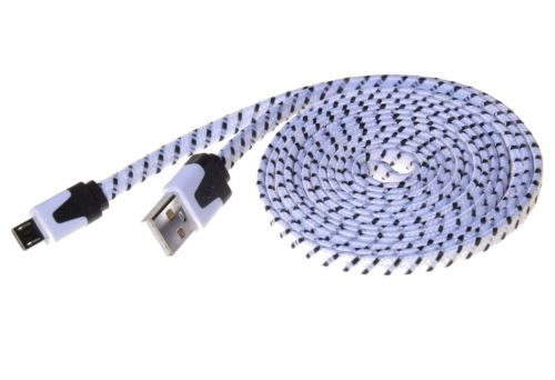 Kabel micro USB 2.0, A-B 2m, plochý textilní kabel, černo-bílý