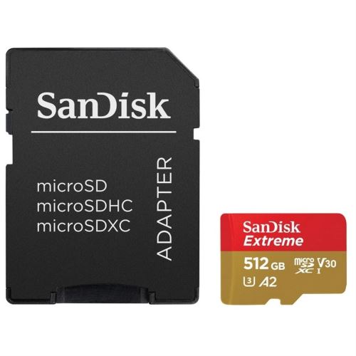 Paměťová karta Sandisk Extreme microSDXC 512GB 190MB/s (čtení) 130MB/s (zápis) A2 C10 V30 UHS-I U3 + SD Adapter